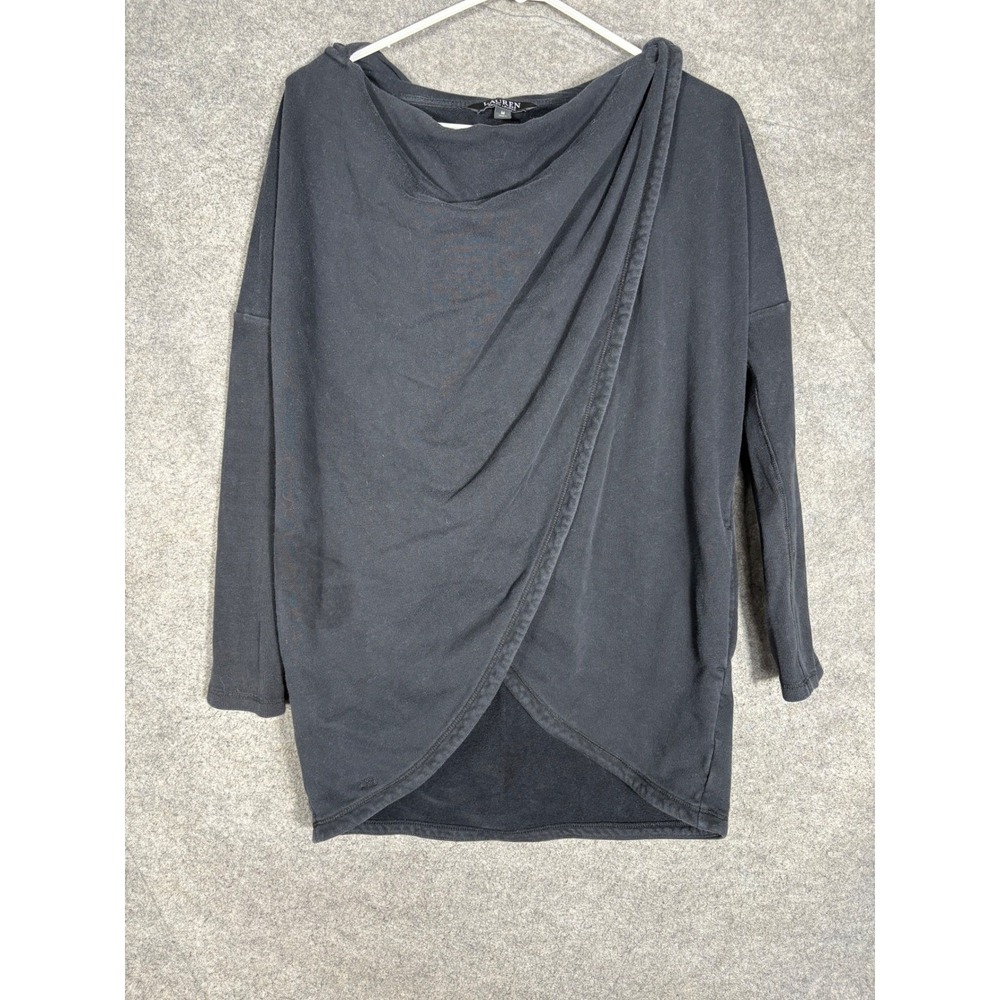 Lauren Ralph Lauren Black Label Front Draped Sweatshirt Ribbed Sleeve Womens M